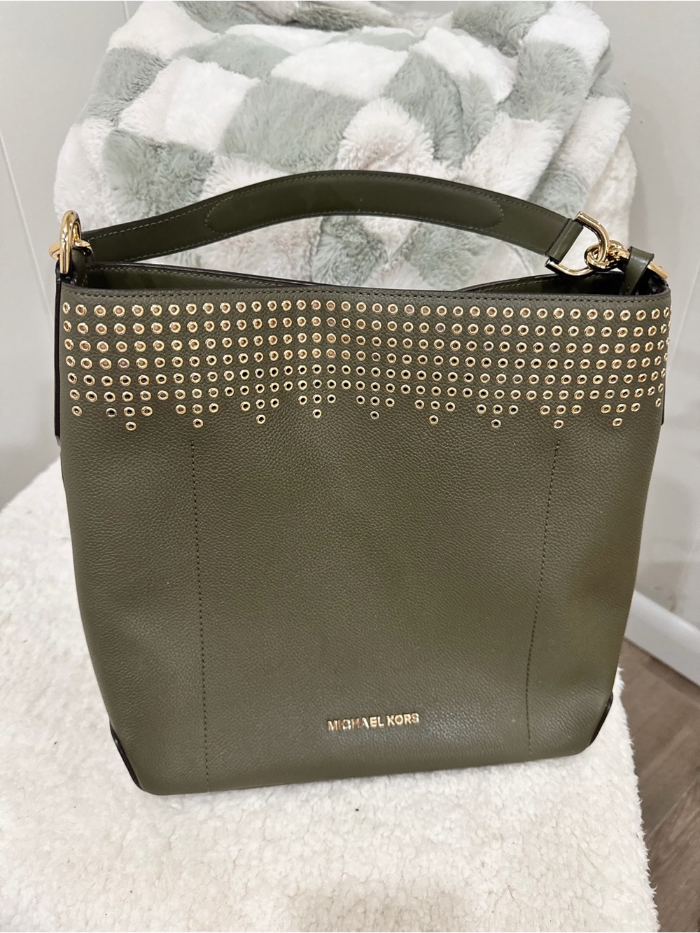 Michael Kors Olive Green Studded Leather Hobo Shoulder Bag